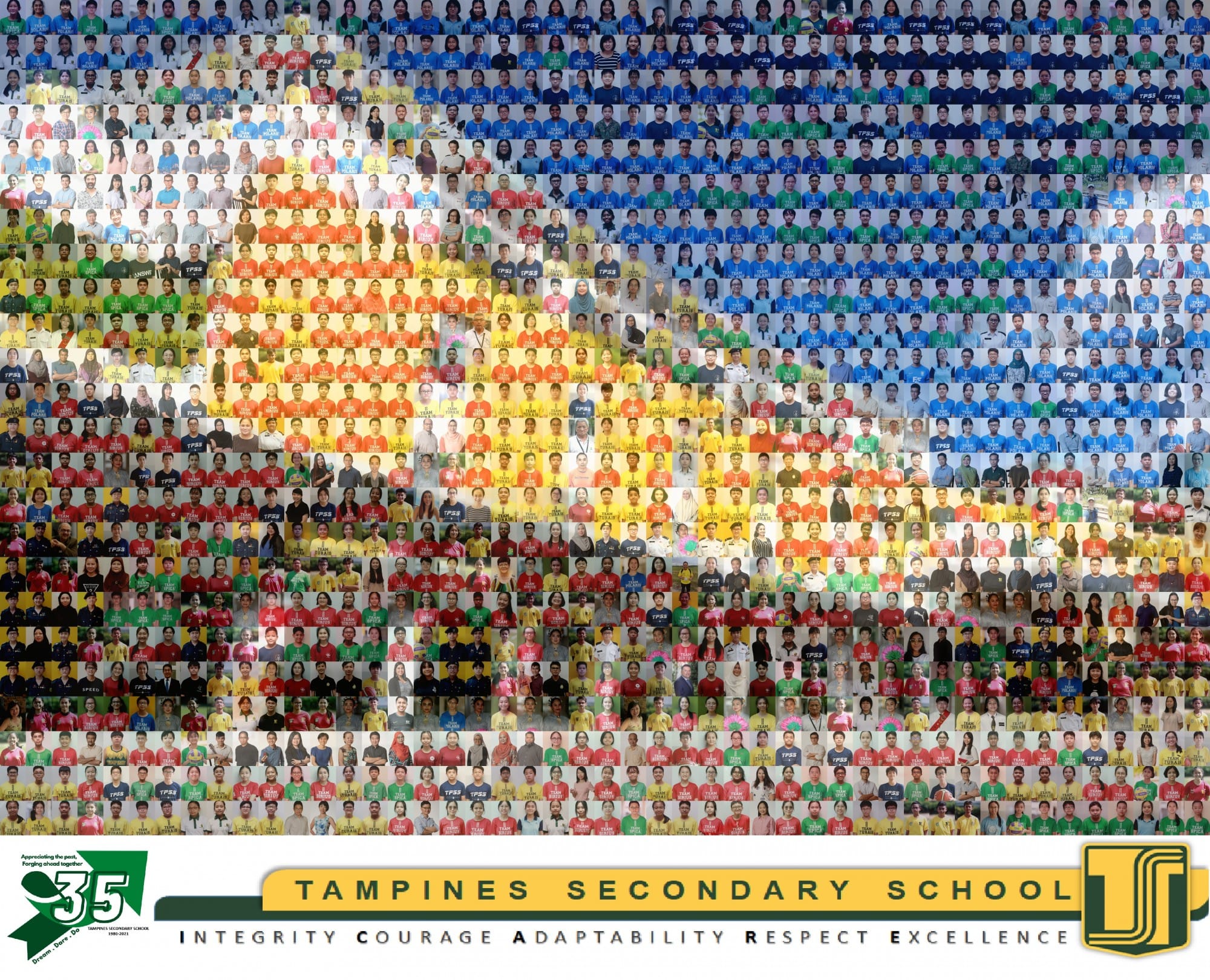 A mosaic of hundreds of student and staff photos forming a pattern, celebrating Tampines Secondary School's 35th anniversary.
